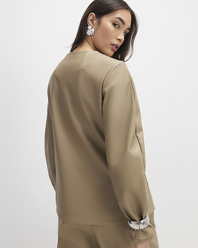 Beige Faux Leather Sculpted Blazer
