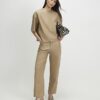 Beige Faux Leather Seam Detail T-shirt