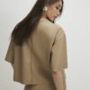Beige Faux Leather Seam Detail T-shirt