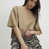 Beige Faux Leather Seam Detail T-shirt