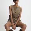 Beige Faux Leather Woven Waistcoat