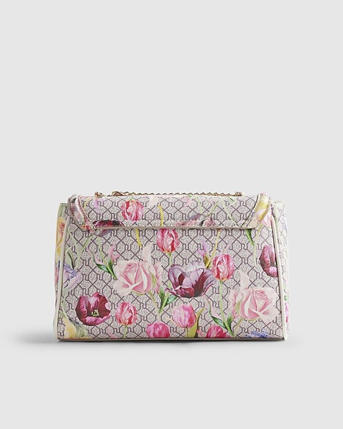 Beige Floral Monogram Print Shoulder Bag