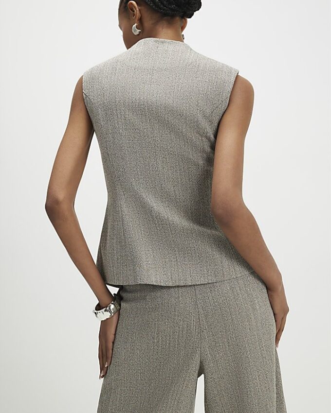 Beige High Neck Flecked Sculpted Waistcoat