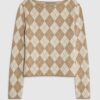 Beige Knitted Argyle Long Sleeve Top