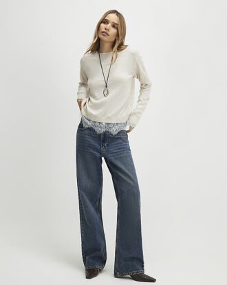 Beige Knitted Hybrid Lace Top