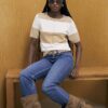 Beige Knitted Striped Short Sleeve Top