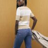 Beige Knitted Striped Short Sleeve Top
