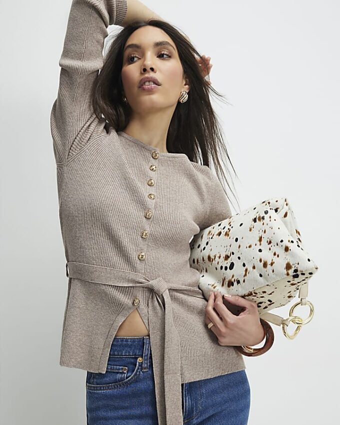 Beige Knitted Tie Waist Cardigan