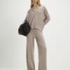 Beige Knitted Wide Leg Ribbed Trousers