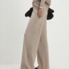 Beige Knitted Wide Leg Ribbed Trousers