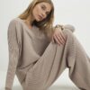 Beige Knitted Wide Leg Ribbed Trousers