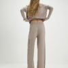 Beige Knitted Wide Leg Ribbed Trousers