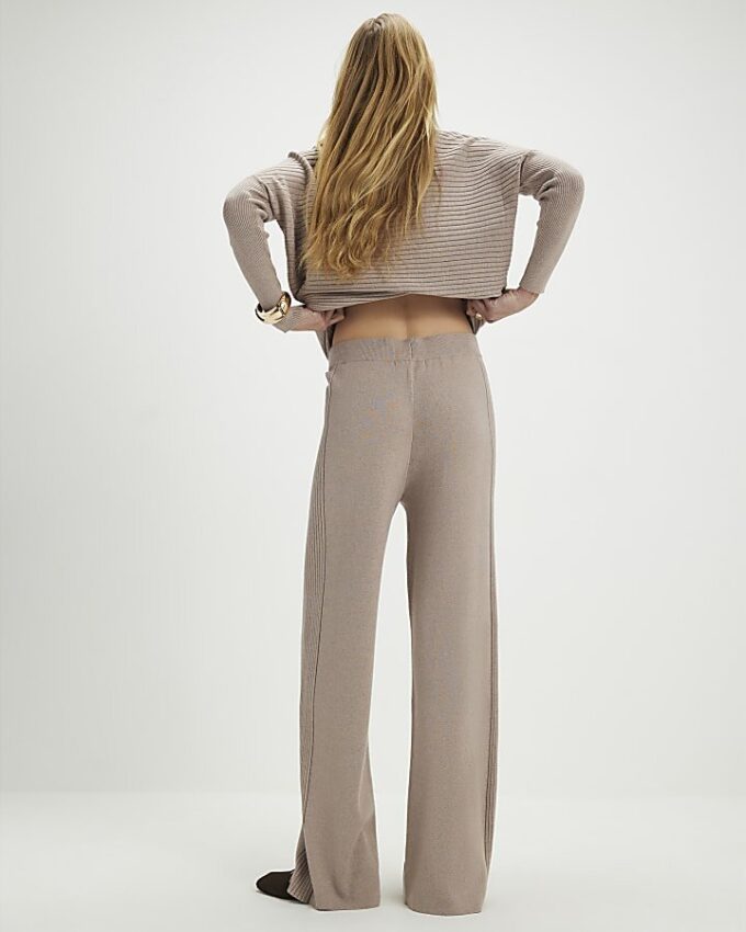 Beige Knitted Wide Leg Ribbed Trousers