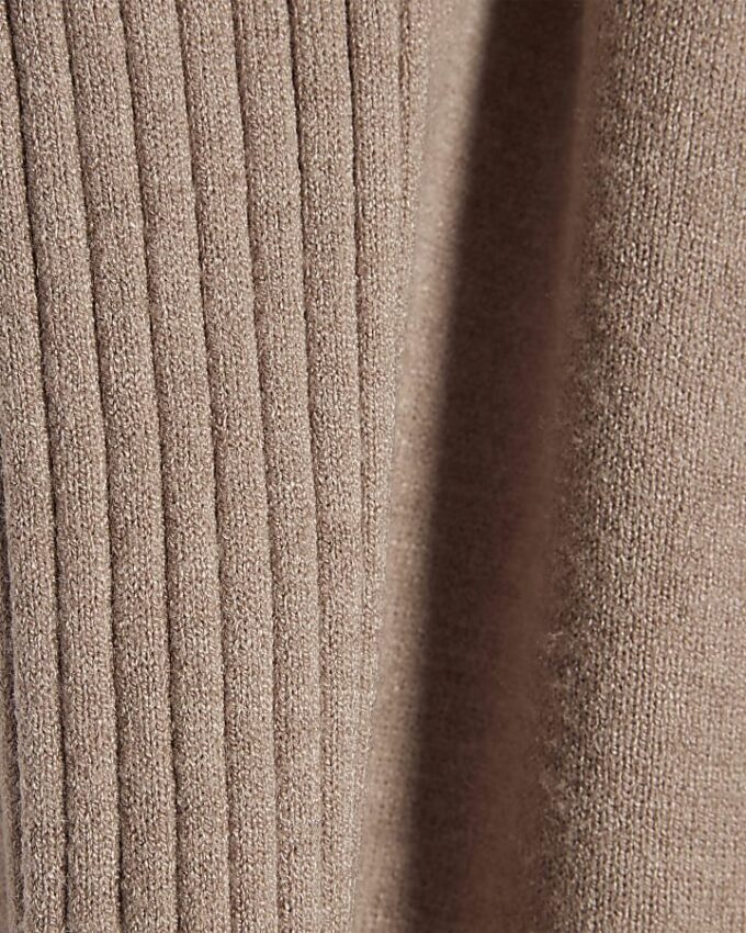 Beige Knitted Wide Leg Ribbed Trousers