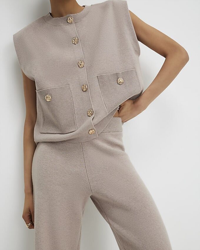 Beige Knitted Wide Leg Trousers
