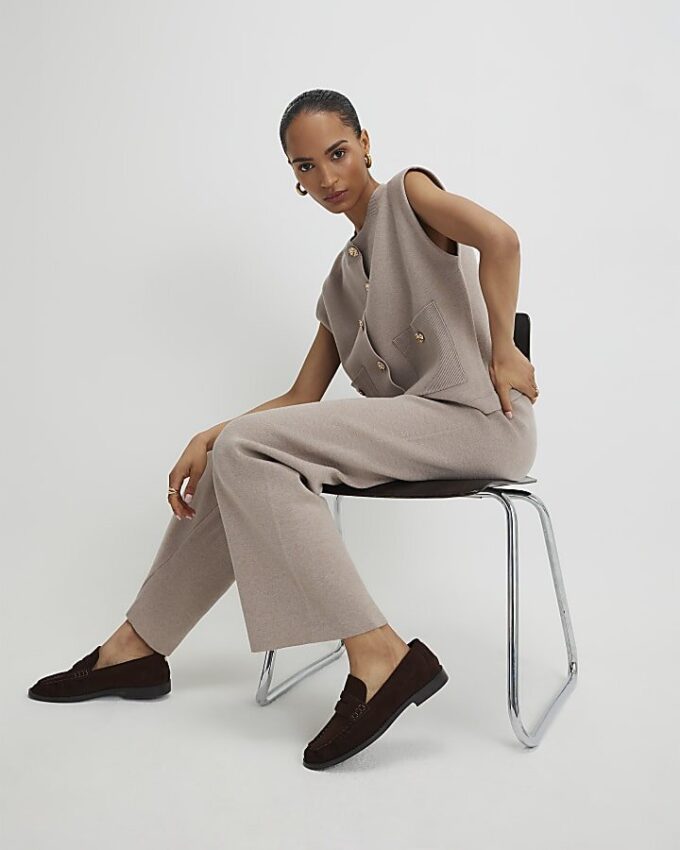 Beige Knitted Wide Leg Trousers