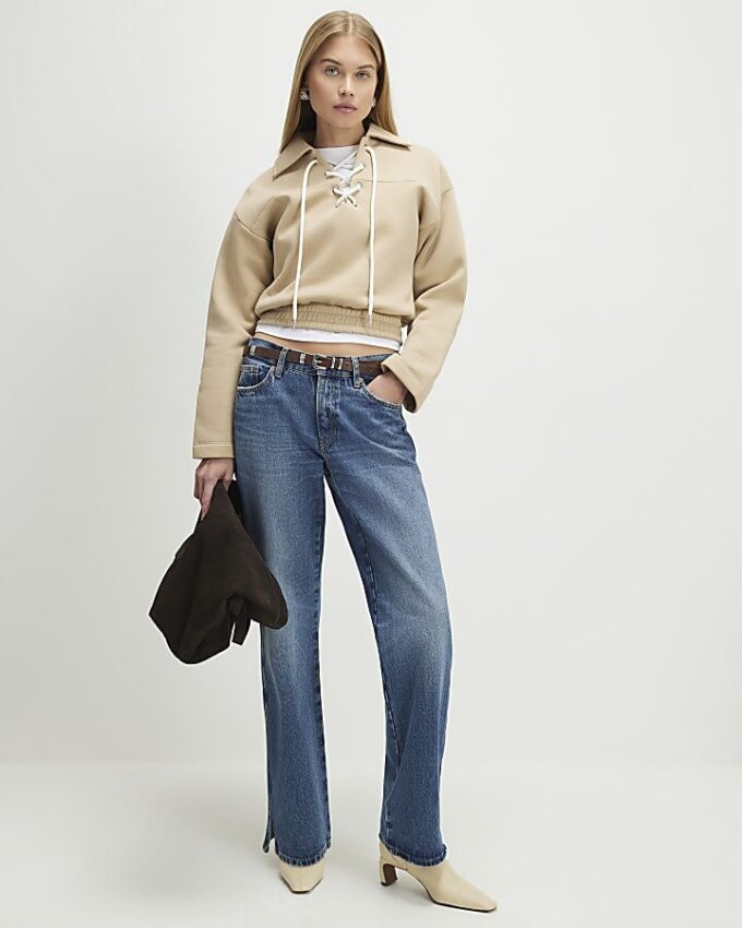 Beige Lace Up Sweatshirt