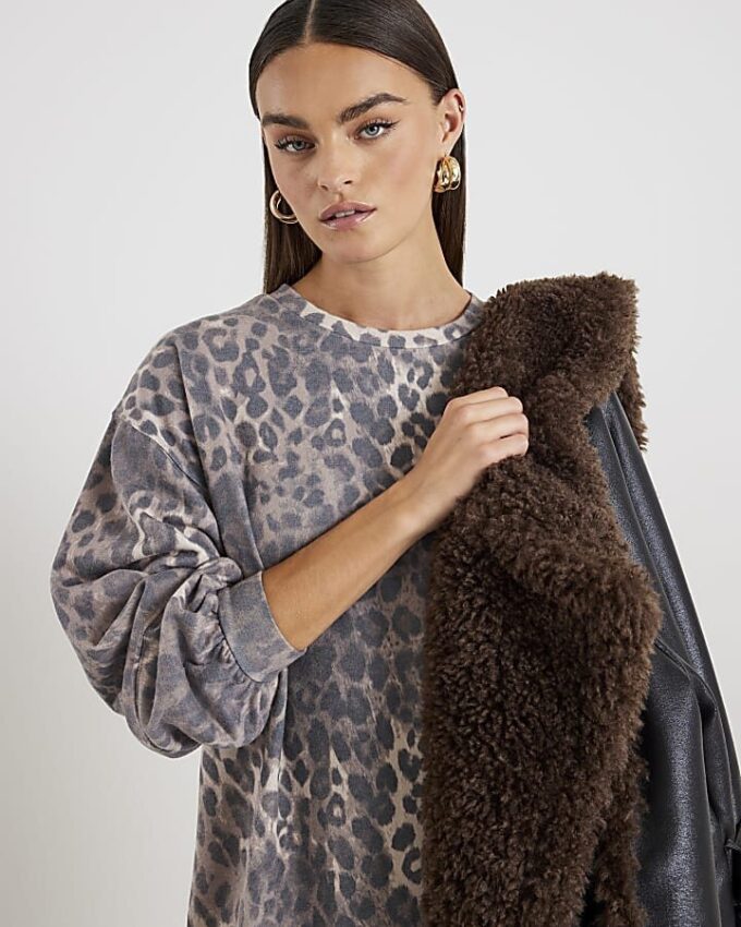 Beige Leopard Print Sweatshirt Mini Dress