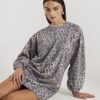 Beige Leopard Print Sweatshirt Mini Dress