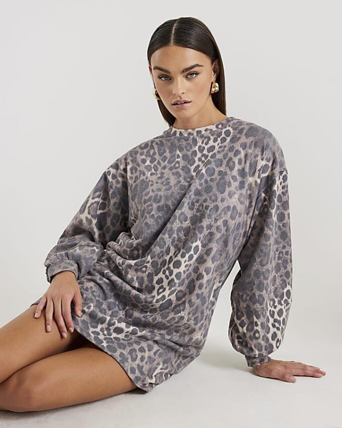 Beige Leopard Print Sweatshirt Mini Dress