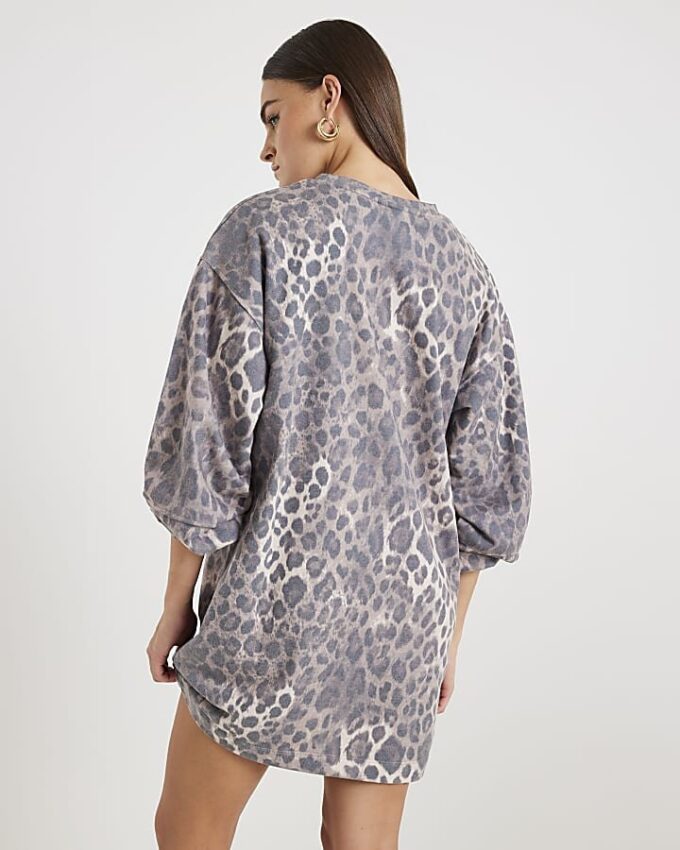 Beige Leopard Print Sweatshirt Mini Dress