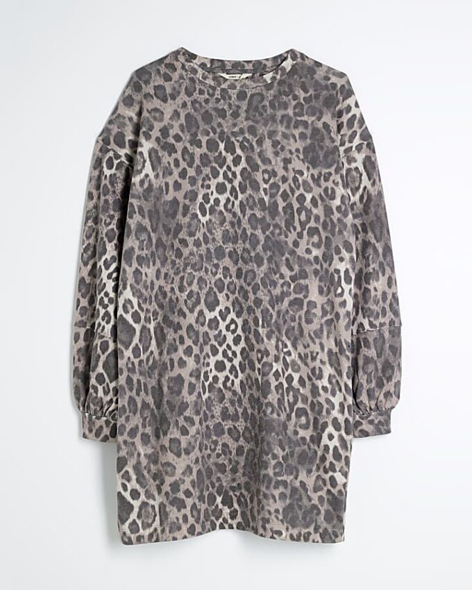 Beige Leopard Print Sweatshirt Mini Dress