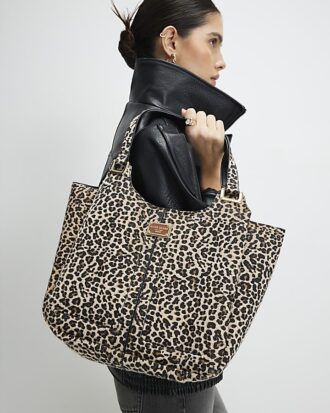 Beige Leopard Print Winged Shoulder Bag