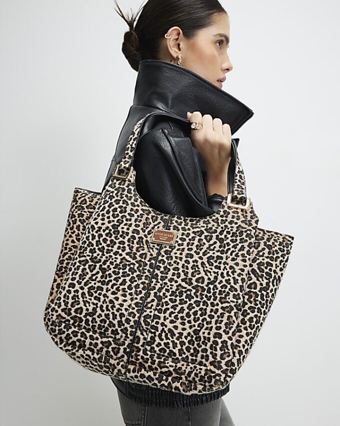 Beige Leopard Print Winged Shoulder Bag