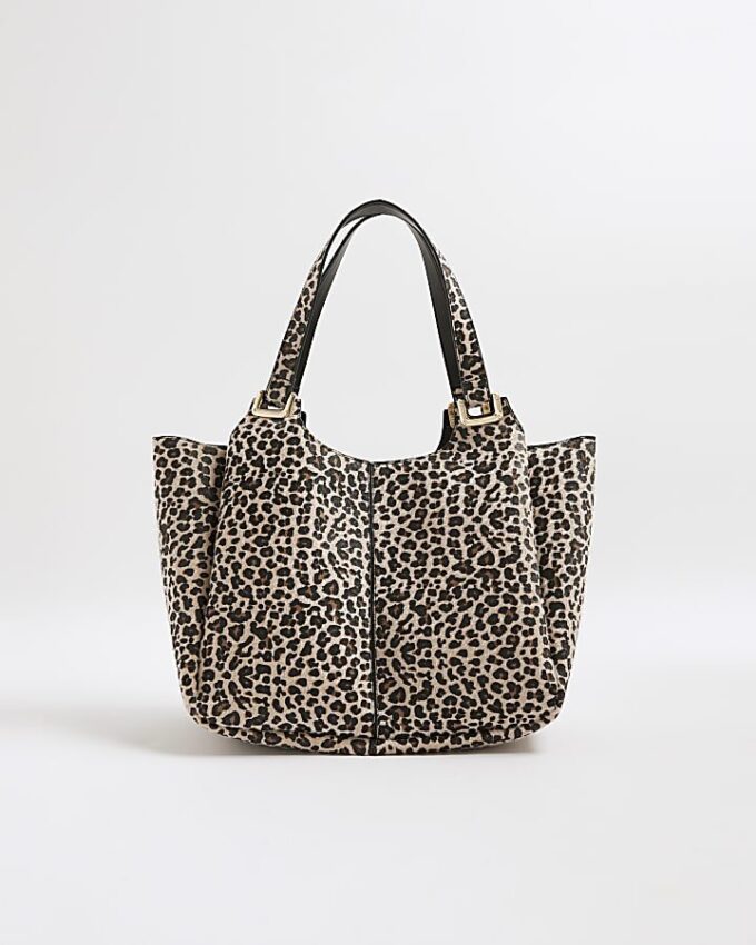 Beige Leopard Print Winged Shoulder Bag