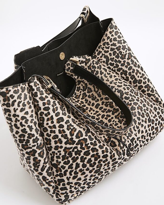 Beige Leopard Print Winged Shoulder Bag