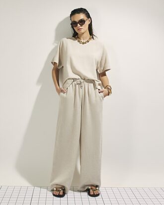 Beige Linen Blend Short Sleeve T-Shirt