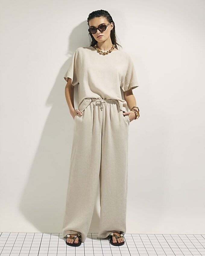 Beige Linen Blend Short Sleeve T-Shirt