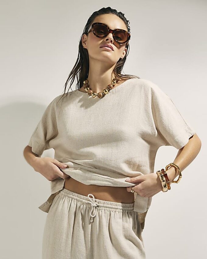 Beige Linen Blend Short Sleeve T-Shirt