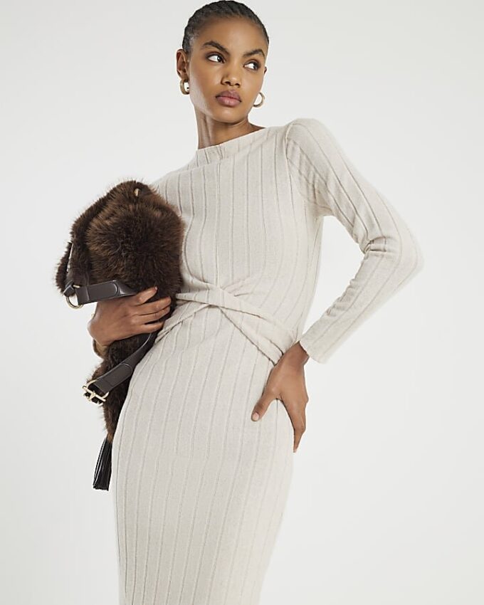 Beige Long Sleeve Cosy Twist Front Midi Dress
