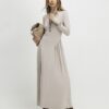 Beige Long Sleeve Gathered Waist Maxi Dress