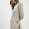 Beige Long Sleeve Gathered Waist Maxi Dress