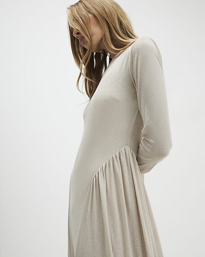 Beige Long Sleeve Gathered Waist Maxi Dress