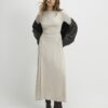 Beige Long Sleeve Gathered Waist Maxi Dress