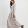 Beige Long Sleeve Gathered Waist Maxi Dress