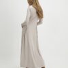 Beige Long Sleeve Gathered Waist Maxi Dress