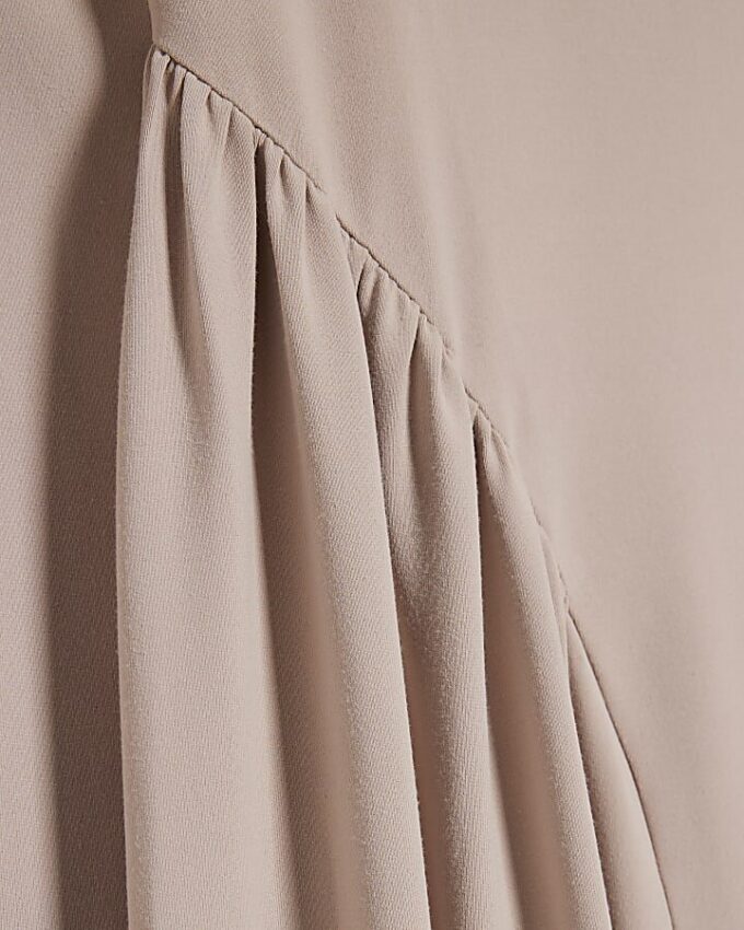 Beige Long Sleeve Gathered Waist Maxi Dress
