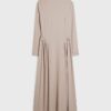 Beige Long Sleeve Gathered Waist Maxi Dress