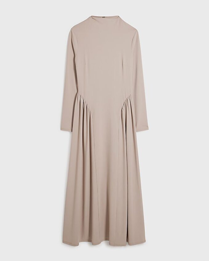 Beige Long Sleeve Gathered Waist Maxi Dress