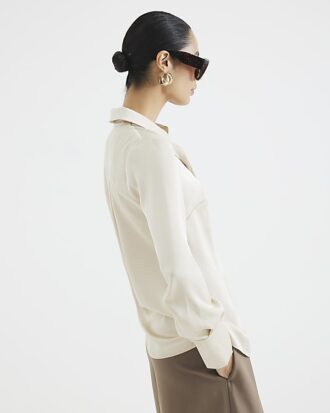 Beige Long Sleeve Satin Slimline Shirt