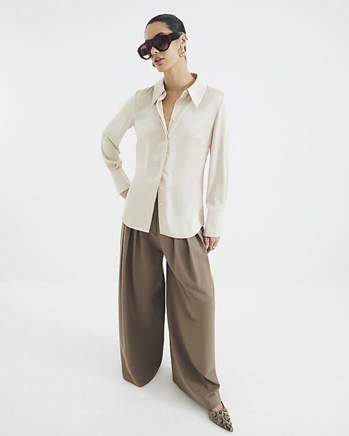 Beige Long Sleeve Satin Slimline Shirt