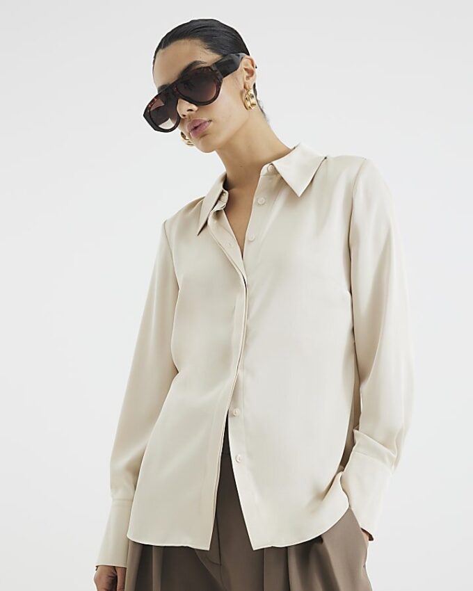 Beige Long Sleeve Satin Slimline Shirt