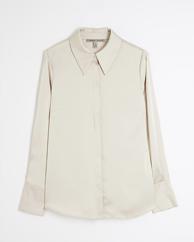 Beige Long Sleeve Satin Slimline Shirt