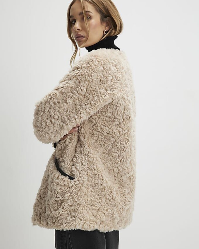 Beige Long Sleeve Tipped Borg Duffle Coat