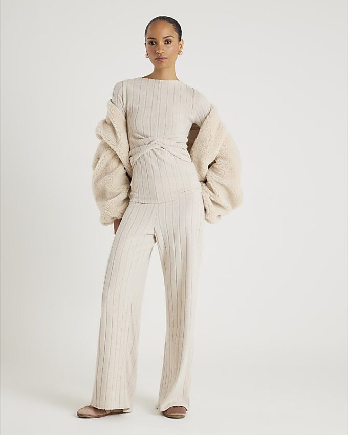 Beige Long Sleeve Twist Front Cosy Top