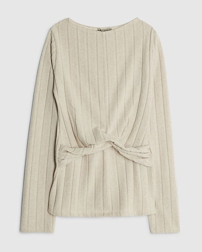 Beige Long Sleeve Twist Front Cosy Top